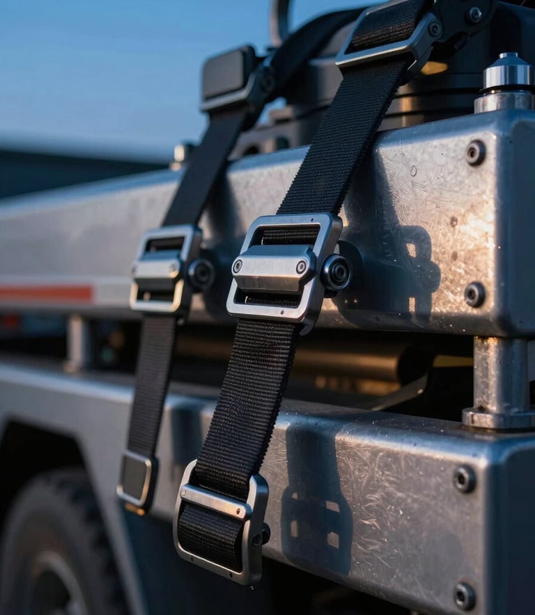 Close-up of a heavy-duty transport truck strap securing industrial machinery, blue hour light casting sharp metallic reflections, shallow depth of field.