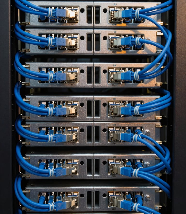 Symmetrical straight-on macro shot of a perfectly organized server rack, clean blue ethernet cables neatly routed and bundled with velcro, crisp technical studio lighting, 35mm