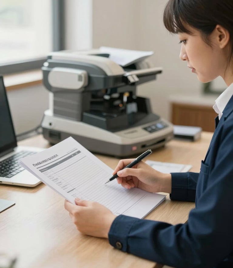 A professional billing specialist reviewing structured health reports in a warm, naturally lit office, soft navy tones, editorial 35mm