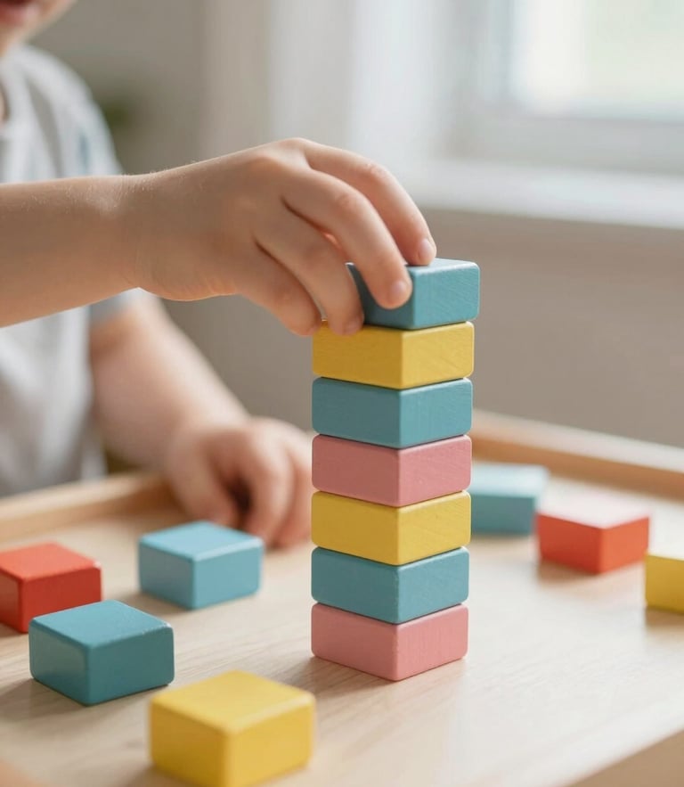 Close-up of a child's hands carefully stacking colorful wooden blocks on a light table, soft natural window light, warm editorial style