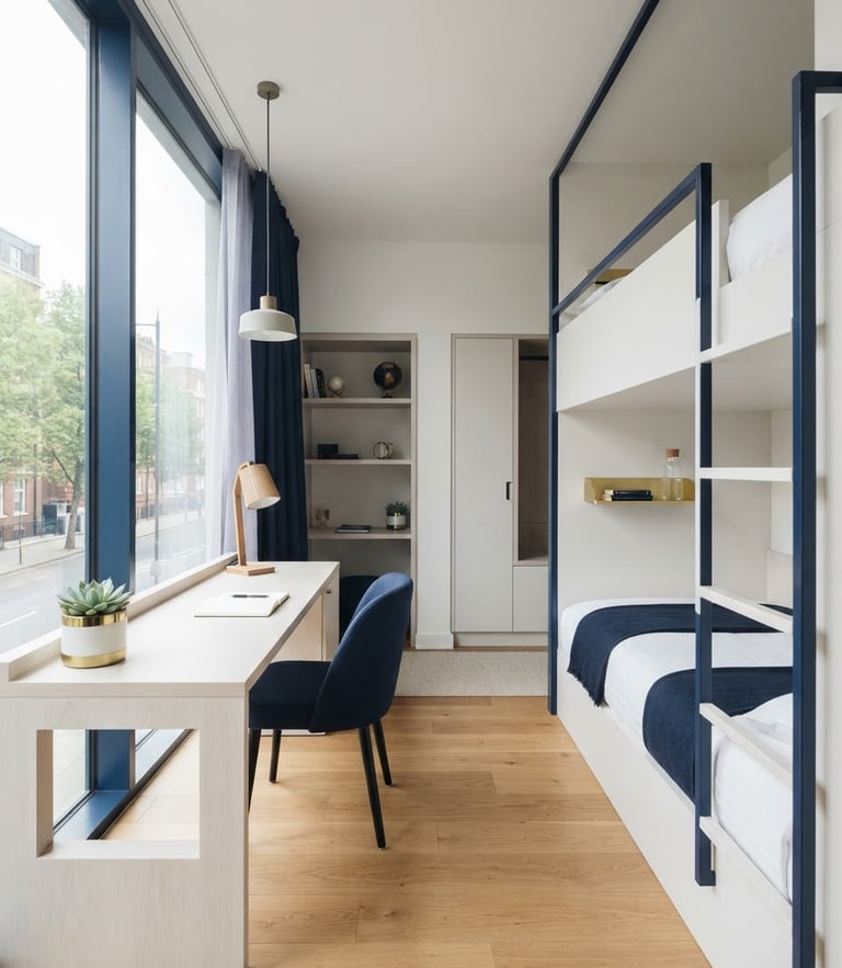 Bright modern hostel room interior with a clean study desk, natural window light, navy blue accents, high-end architectural photography, 35mm
