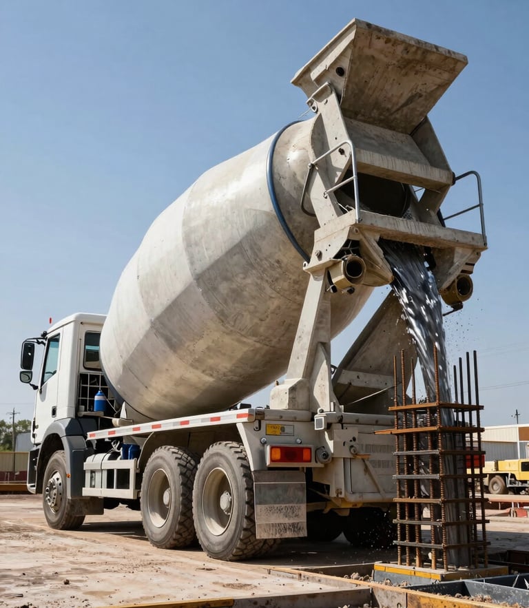 Low-angle shot of a massive concrete mixer truck discharging into a clean foundation formwork, steel reinforcement visible, harsh Texas sun.