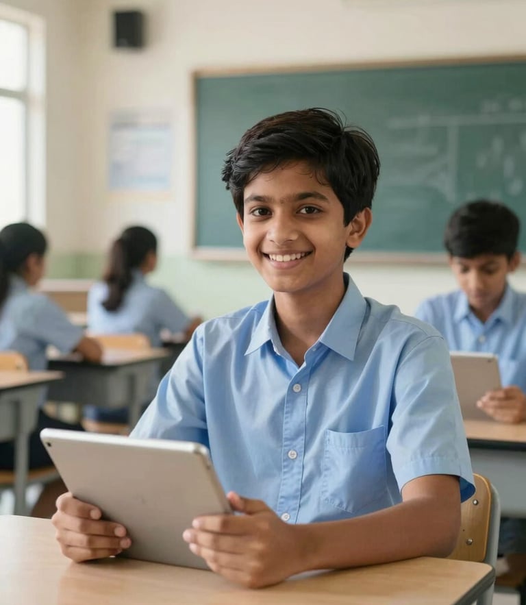 Eye-level medium shot of an Indian high school student smiling, holding a digital tablet in a bright, modern classroom with natural daylight and clean, organized desks.