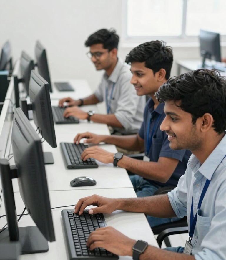 Eye-level shot of young Indian students in a bright, modern computer lab in Siwan, working on desktop computers with high-key natural light, smiling and collaborating.