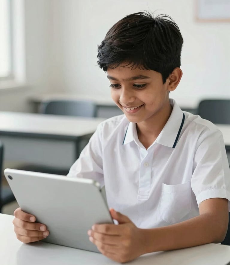 An Indian school student smiling while using a tablet for an online class, bright natural daylight, high-key exposure, clean modern desk background.