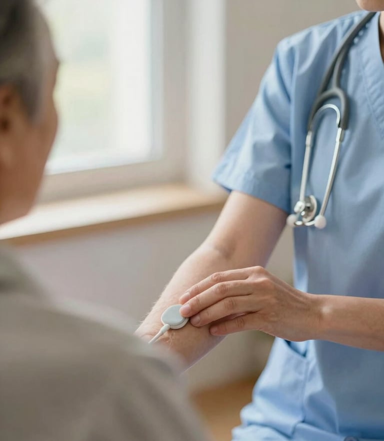 Close-up of a professional nurse gently checking the pulse of an elderly patient, warm editorial photography, soft natural window light, gentle muted tones, shallow depth of field, 35mm