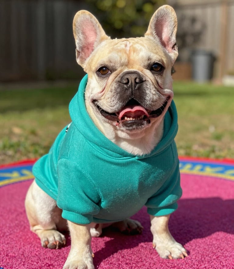 A happy small French Bulldog wearing a vibrant teal handcrafted hoodie, sitting proudly on a colorful rug, warm natural daylight, 50mm lens