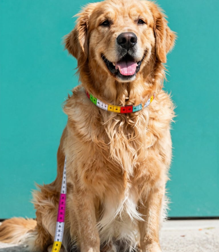 A happy golden retriever sitting calmly while a colorful soft measuring tape gently wraps around its chest, bright daylight, teal background.
