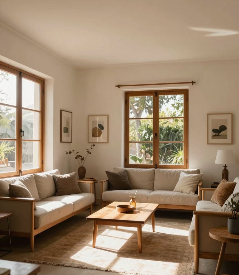 Straight-on architectural shot of a sunlit living room in San Pedro de la Paz, warm natural light streaming through large windows, modern wooden furniture, clean minimalist layout, cozy atmosphere.