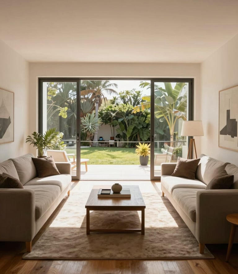 Straight-on architectural shot of a bright, modern living room in San Pedro de la Paz, warm natural daylight streaming through large windows, wooden floors, minimalist elegant styling