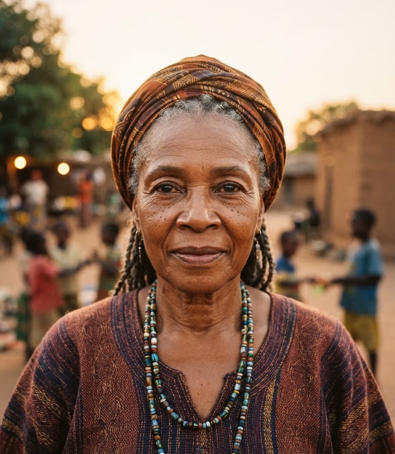 Dignified close-up portrait of a female community leader in Sub-Saharan Africa, warm golden-hour sunlight, direct-to-camera gaze, 35mm film.