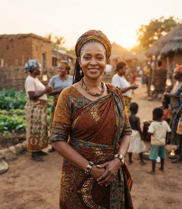 Dignified medium environmental portrait of a female community leader in warm golden-hour sunlight, Sub-Saharan Africa, rich heritage earth tones, 35mm film