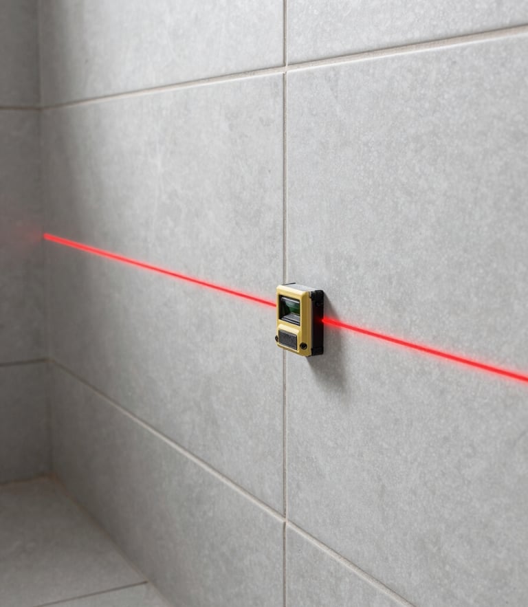 Sharp architectural photography of a laser level casting a red line across perfectly aligned grey porcelain bathroom dado tiles, bright natural daylight, high-contrast clean tones, professional construction site, 35mm
