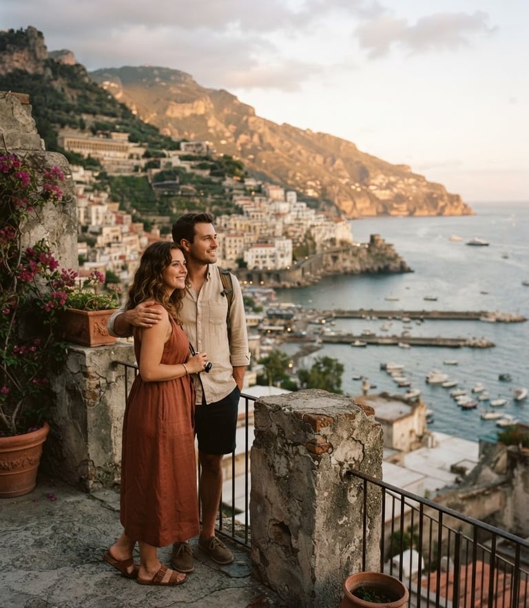Warm environmental portrait of a traveling couple looking out over a coastal Mediterranean town at golden hour, soft terracotta tones, film grain, 35mm lens