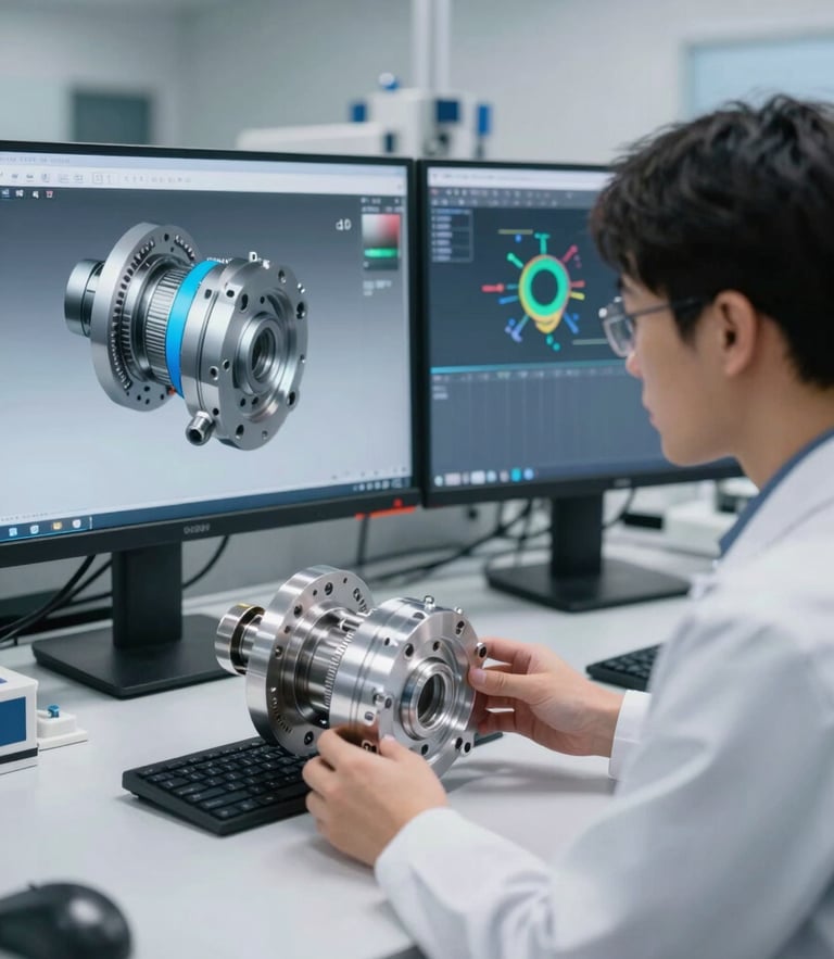 Professional mechanical engineers in a clean, modern R&D lab analyzing a physical machined aluminum component alongside a high-fidelity 3D CAD model on a dual-monitor workstation.