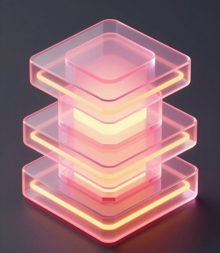 Abstract 3D render of layered glowing glassmorphic architectural structures, neon pink and electric yellow backlighting, deep graphite background, isometric view, octane render