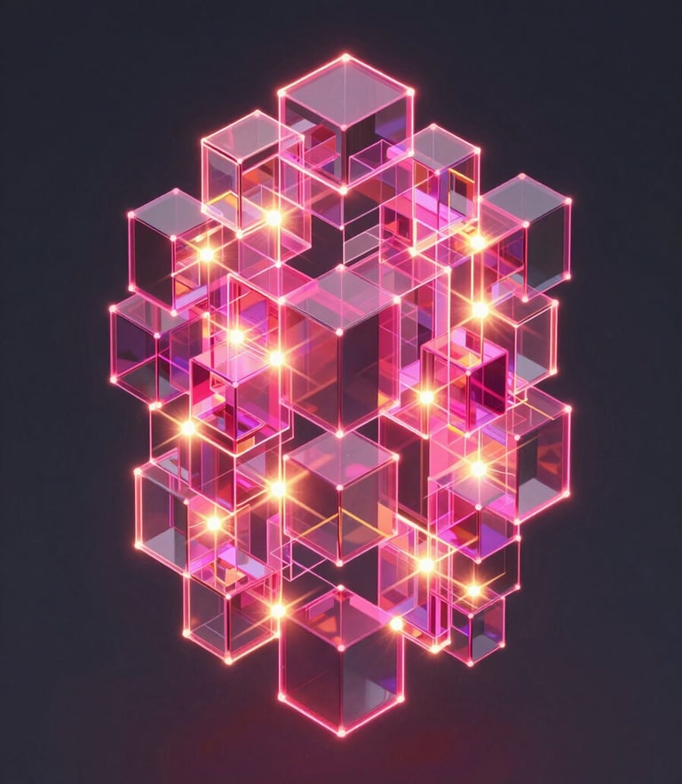 abstract 3d render of glowing neon pink and yellow data nodes, deep graphite background, glassmorphism, isometric architectural visualization, octane render