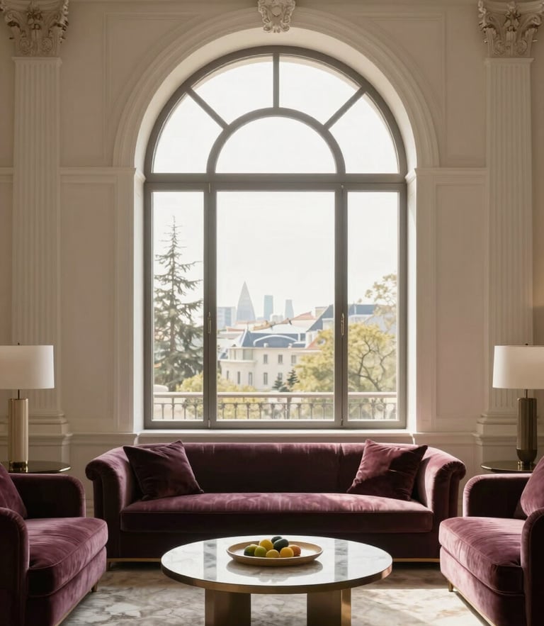 Straight-on architectural elevation of a Baku neo-classic living room, warm natural afternoon light pouring through arched windows, rich velvet seating, marble details, architectural 35mm.