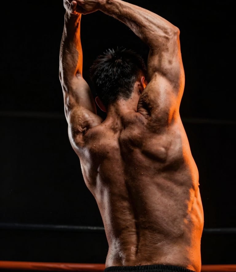 Dynamic close-up of an athlete's back showing precise muscle alignment during a controlled stretch, high-contrast athletic photography, dramatic studio lighting, sharp orange highlights, 35mm lens