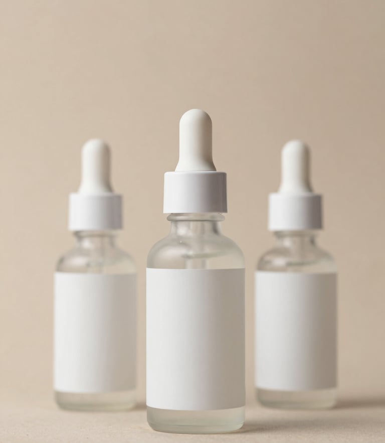 Architectural composition of premium cosmetic glass dropper bottles, soft studio light, warm sand tones, sharp focus