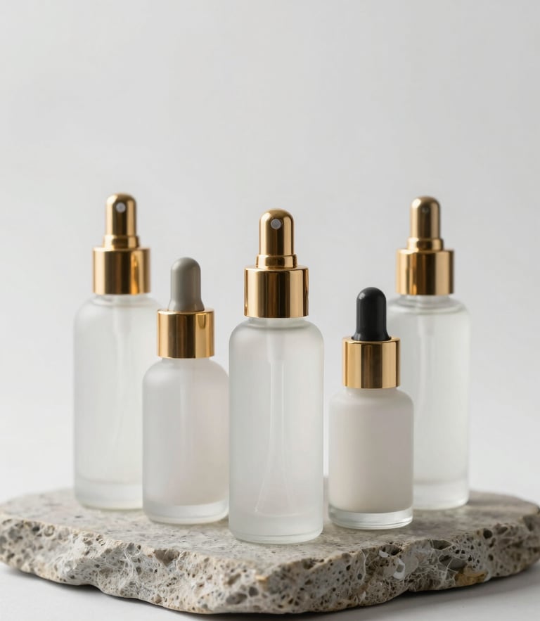 Pristine cosmetic glass bottles with gold pumps arranged architecturally on a stone slab, soft diffused studio light, sharp macro focus, 50mm lens