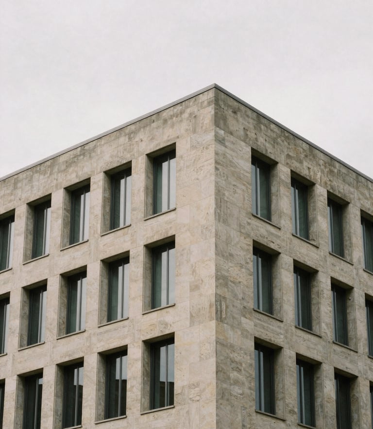 Architectural corner of a modern stone and concrete office building, soft overcast daylight, desaturated earth tones, clean geometric lines