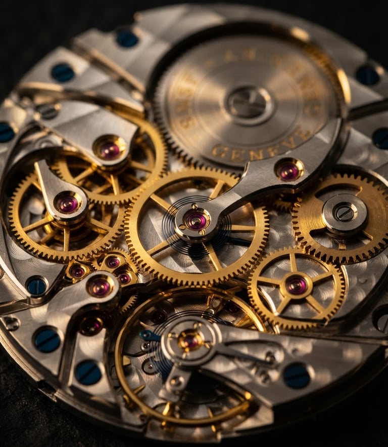 Macro shot of a luxury watch movement, warm side-lit reflections on gold gears, dark obsidian background, luxury product photography