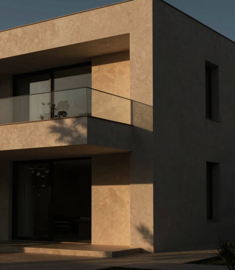 Low-key dramatic cinematic lighting on a modern minimalist architectural villa facade in Ibiza, deep shadows, warm golden hour tones, 35mm anamorphic.