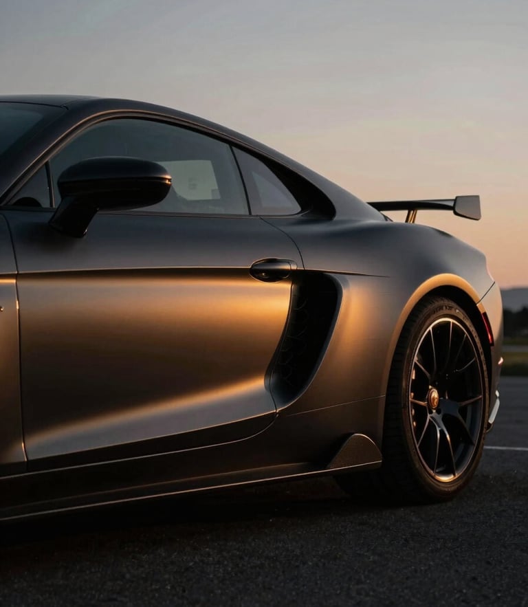 Low-angle profile of a pristine matte black luxury sports car, dramatic low-key lighting, golden hour reflections on metallic contours, 35mm anamorphic.