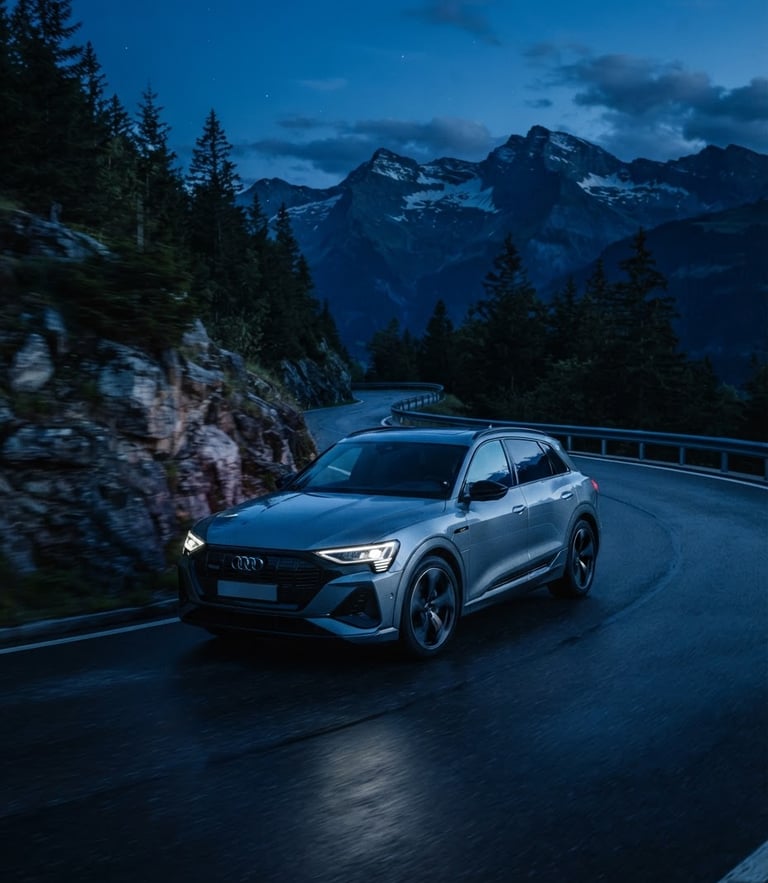 Sleek modern SUV driving during the blue hour on a mountain road, sharp focus, metallic reflections, deep blue tones, 35mm