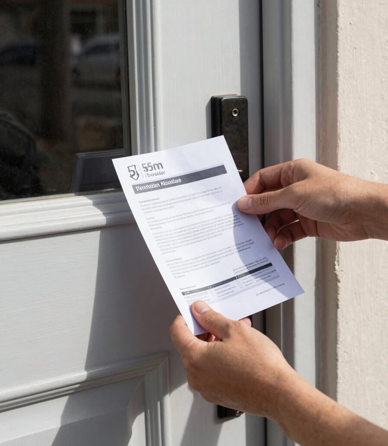 A close-up of a hand placing a clean marketing flyer onto a modern residential front door handle, bright afternoon daylight, street-level perspective, 35mm