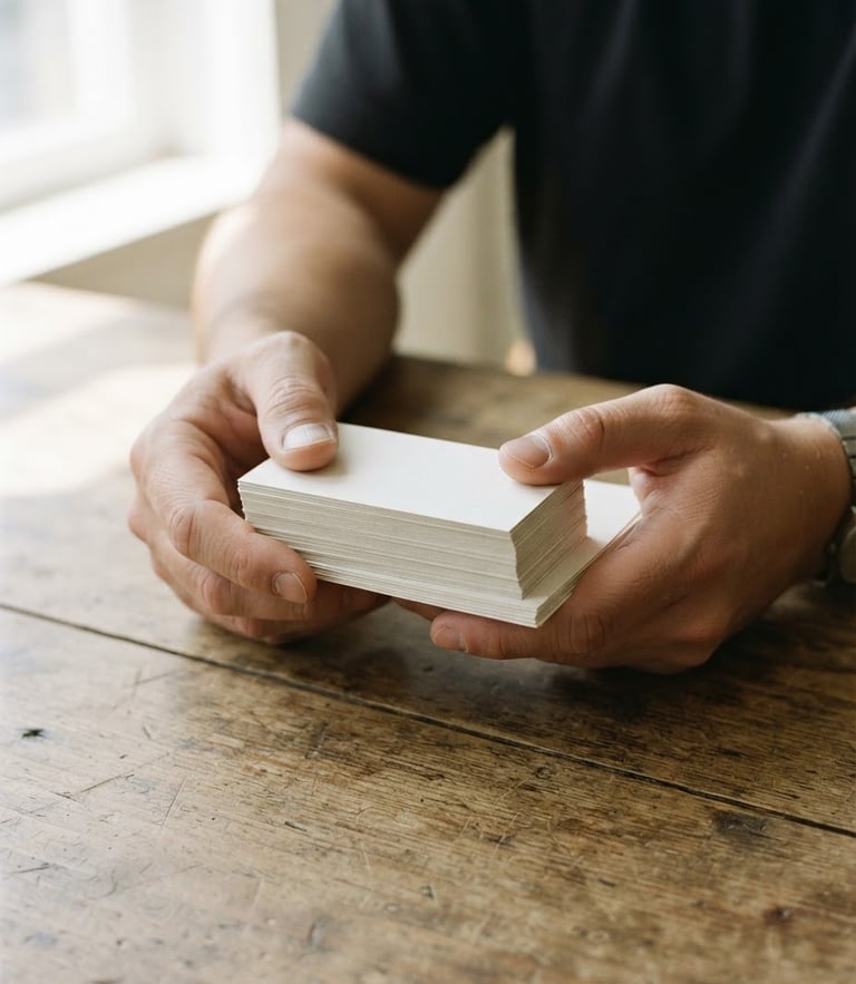 A close-up of hands holding a neatly printed stack of business cards and flyers on a wooden table, bright natural afternoon light, 35mm