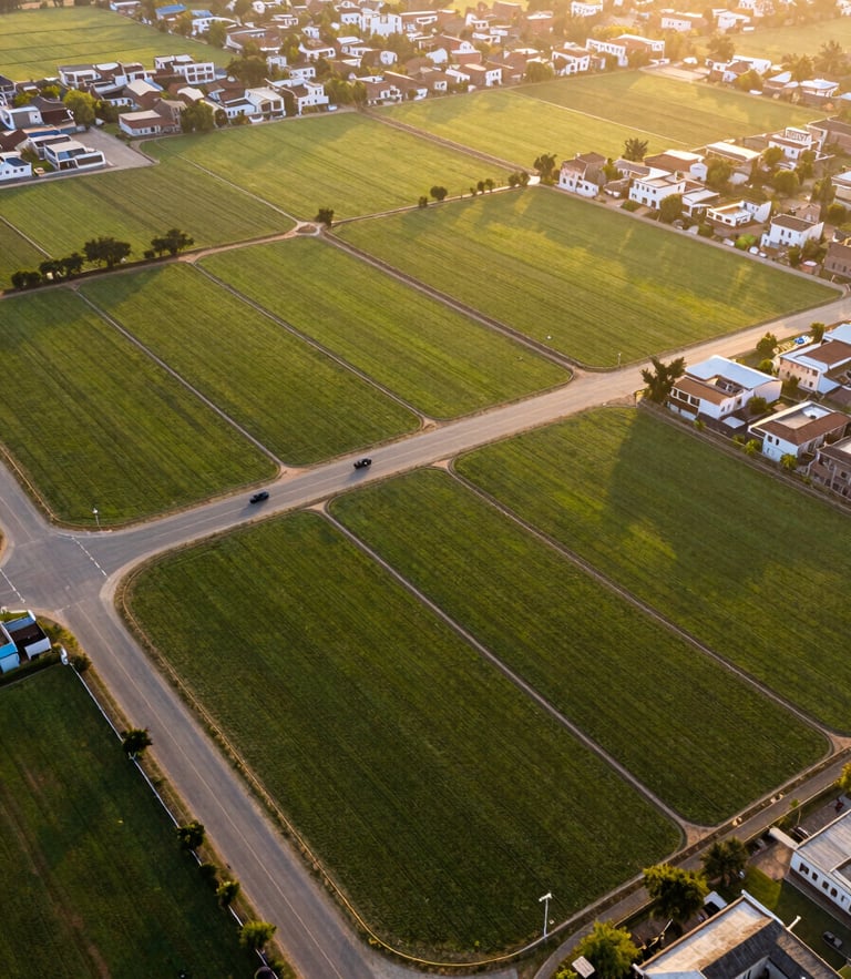 A warm golden hour drone perspective of cleared green residential plots in Punjab, showcasing clean geometric boundaries, road connectivity, and rich agricultural surrounds.