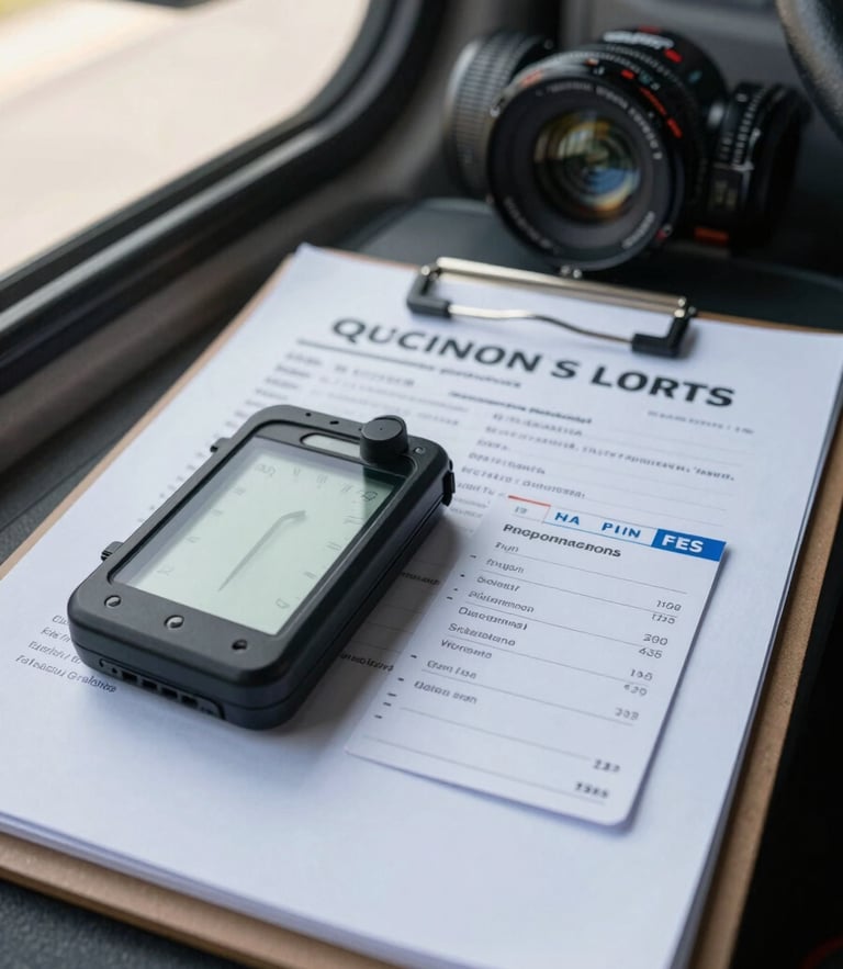Macro close-up of a professional driver logbook and digital tachograph card resting on a clean clipboard inside a truck cabin, sharp focus, technical atmosphere, natural daylight.