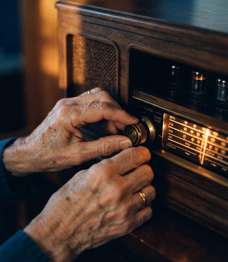 Close-up of wrinkled hands gently adjusting a vintage wooden radio dial, warm amber light glowing from the screen, 35mm film style.