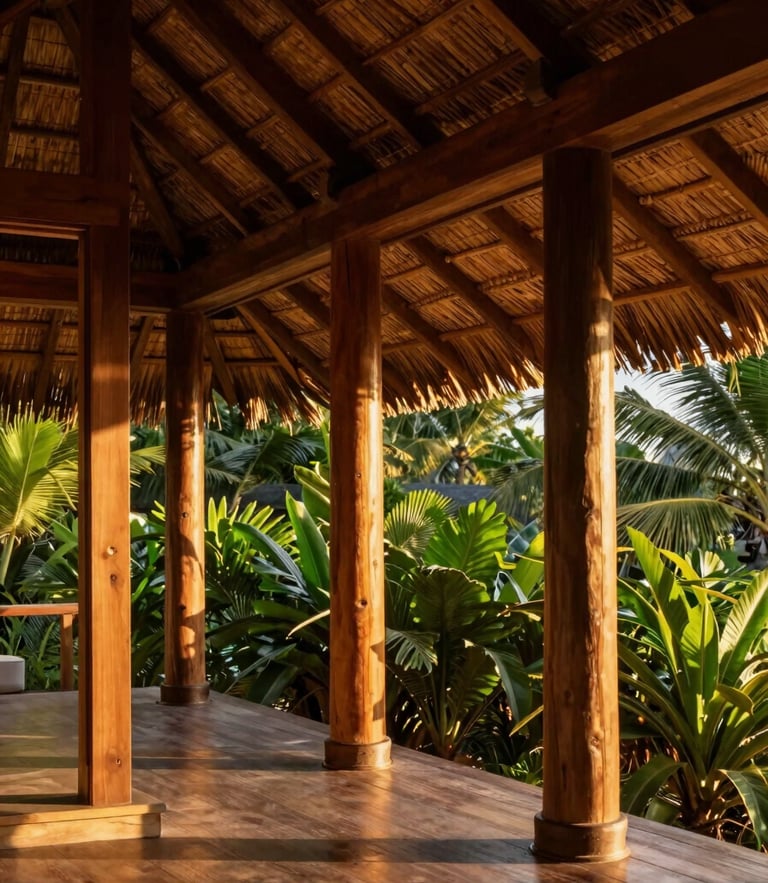Warm architectural photography of a luxury tropical cabin with a woven palm roof, golden-hour sunlight filtering through cured wood pillars, lush green background, 35mm