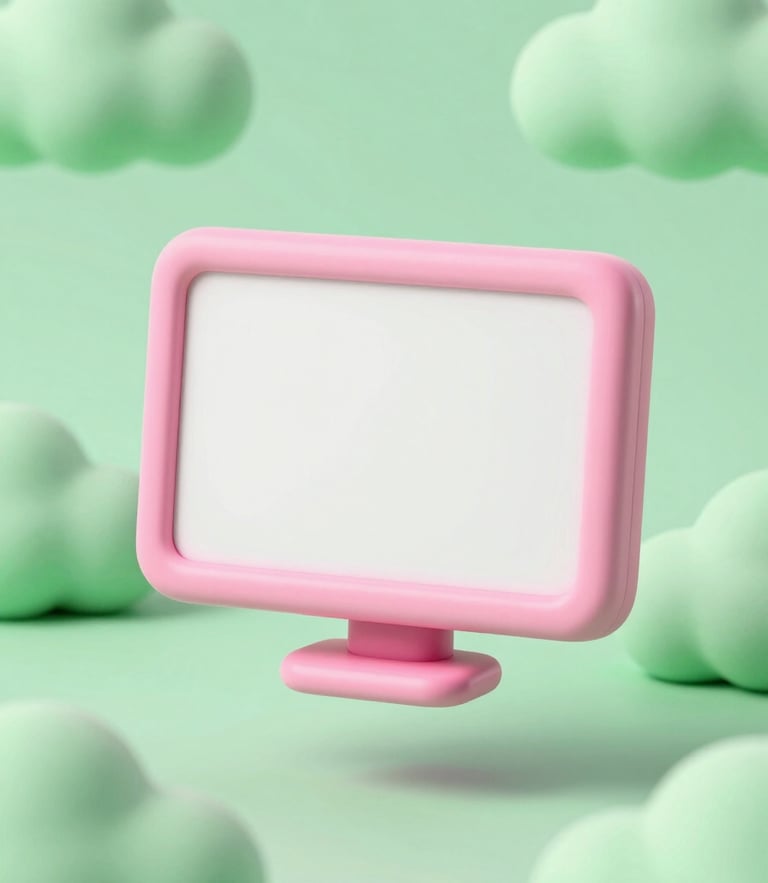 Playful 3D render of a glossy pink computer screen floating among soft pastel green clouds, claymation style, high-key lighting, macro.