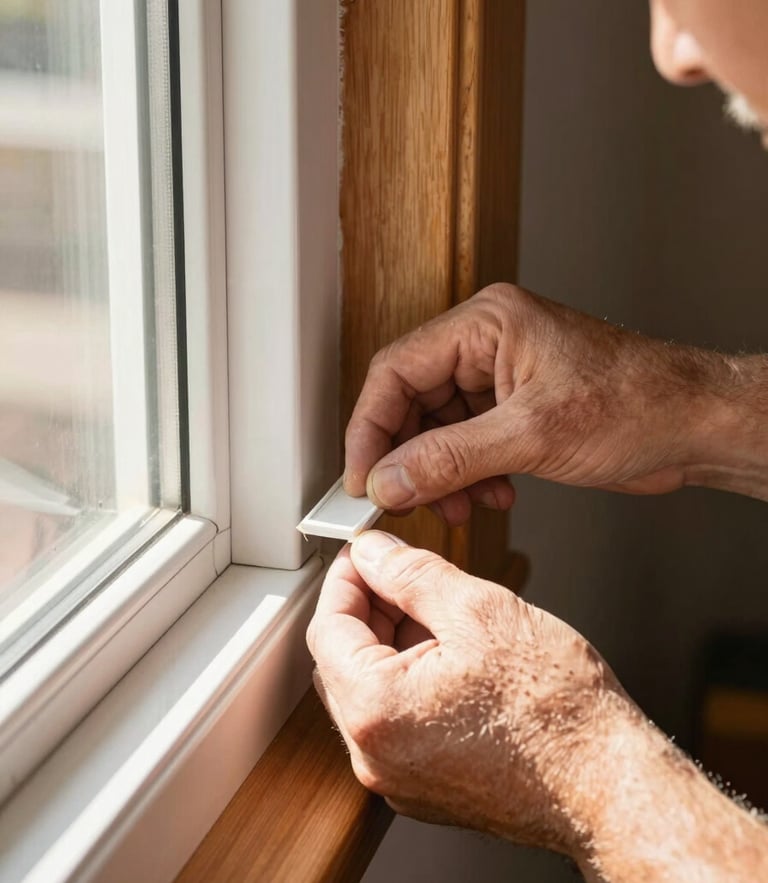 Close-up of a craftsman's hands carefully installing crisp white window trim, warm Texas morning light streaming in, 35mm