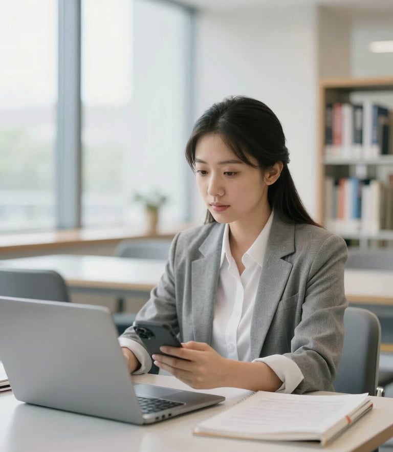 Focused professional studying in a bright, modern library, clean academic atmosphere, soft daylight, shallow depth of field, 35mm