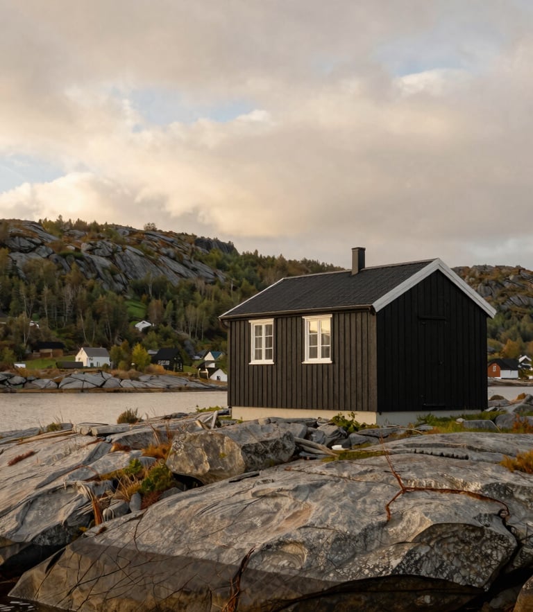 Architectural wide angle of a minimalist black timber cabin on a rocky Norwegian fjord edge, dramatic cloudy sky, soft daylight