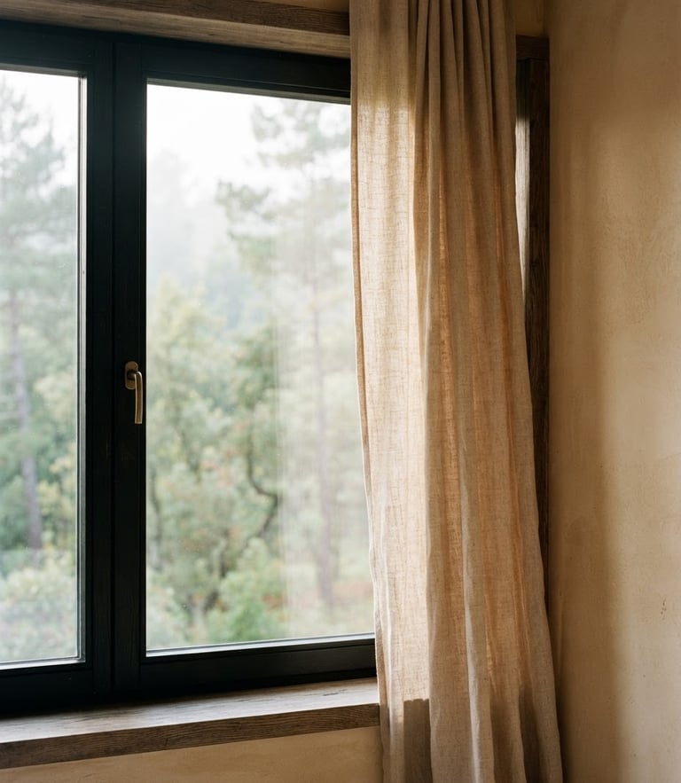 Architectural close-up of a modern eco-lodge window framing soft morning light, natural linen curtains draped gently, warm sand tones, 35mm photography