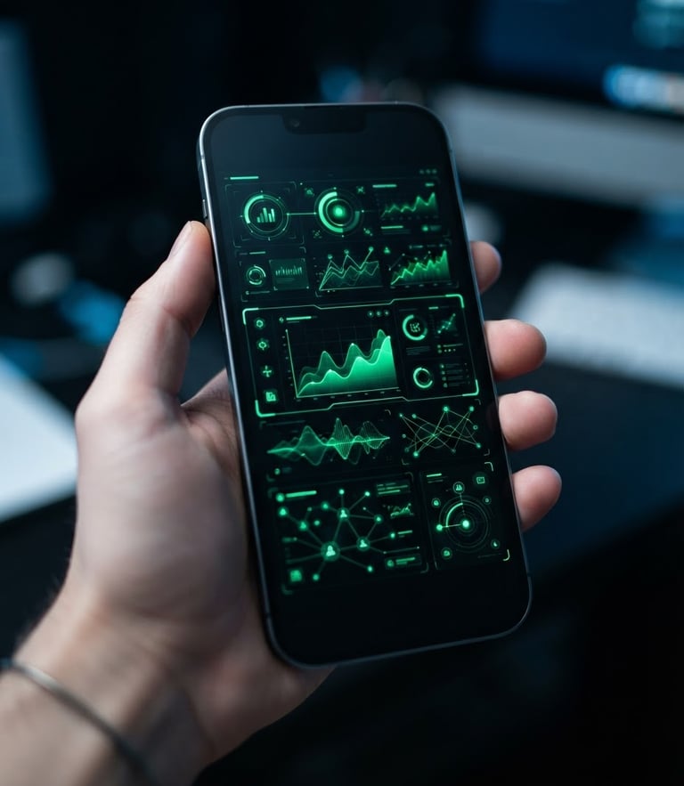 Sleek close-up of a modern Android smartphone displaying a dark-mode app interface with electric green accents, cool studio lighting, 50mm lens