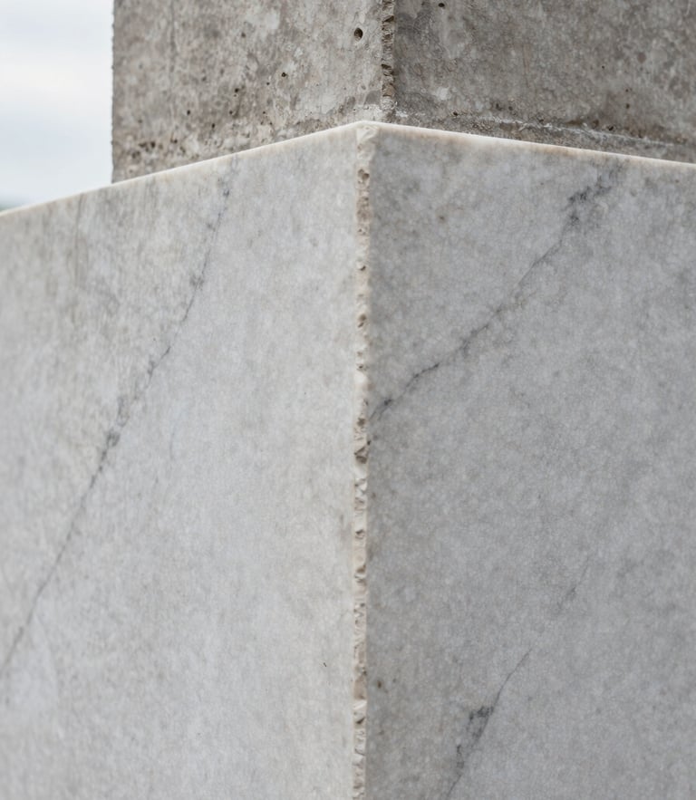 Tight geometric detail crop of marble grain and raw concrete intersection, soft diffused overcast daylight highlighting the material texture.