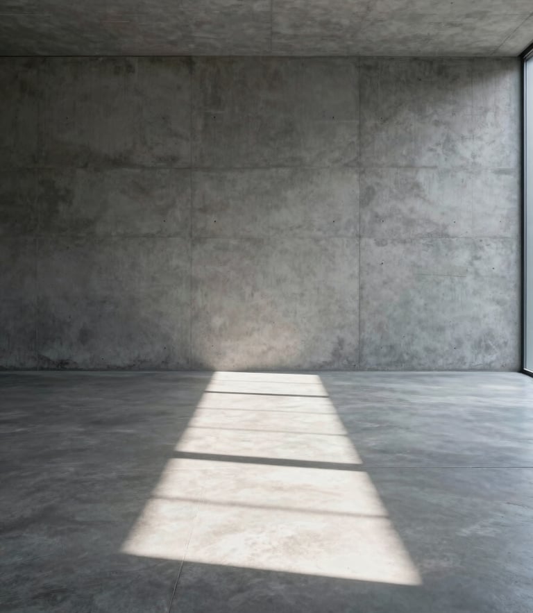 Minimalist concrete interior, a single shaft of direct sunlight cutting across a polished plaster floor, empty space, portrait orientation.