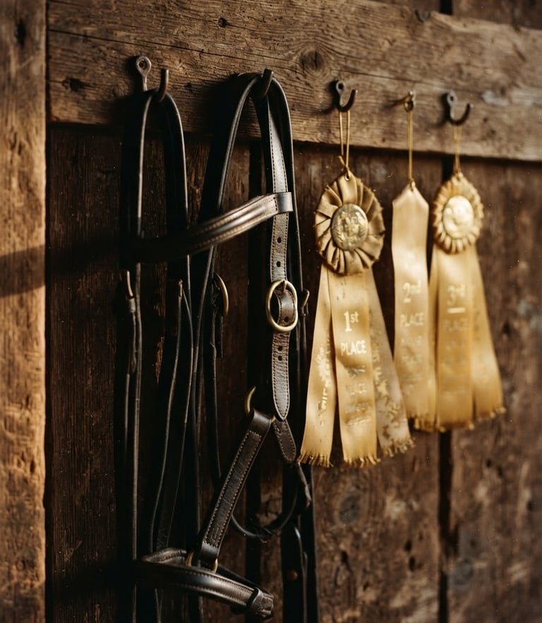 A close-up of leather tack and golden ribbons hanging on a rustic wooden barn wall, warm afternoon sunlight casting long shadows.