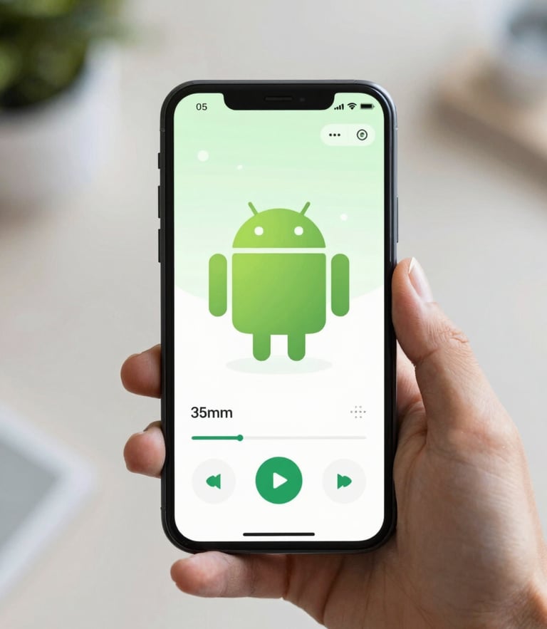 A clean, high-fidelity mockup of a modern Android application interface displayed on a sleek smartphone, natural daylight, soft green accents, 35mm