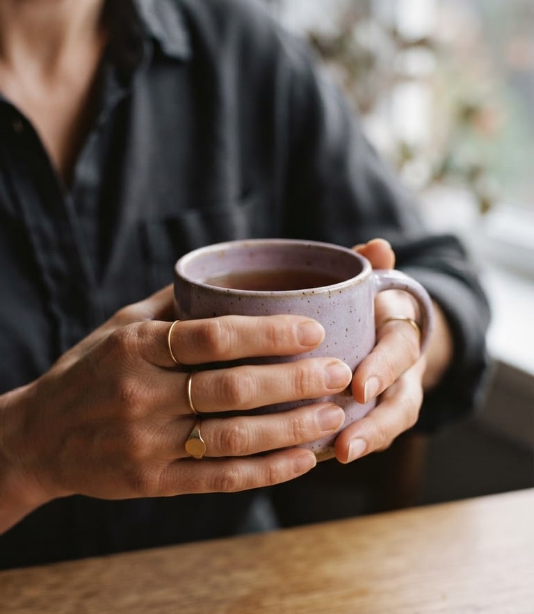 Close-up of a woman's hands holding a warm ceramic mug, soft afternoon window light, muted lilac and deep charcoal tones, shallow depth of field, 35mm