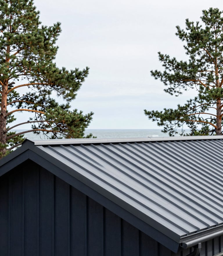 Crisp architectural photography of a premium residential roof in Jurmala, zinc details, surrounding pine trees, bright overcast coastal daylight