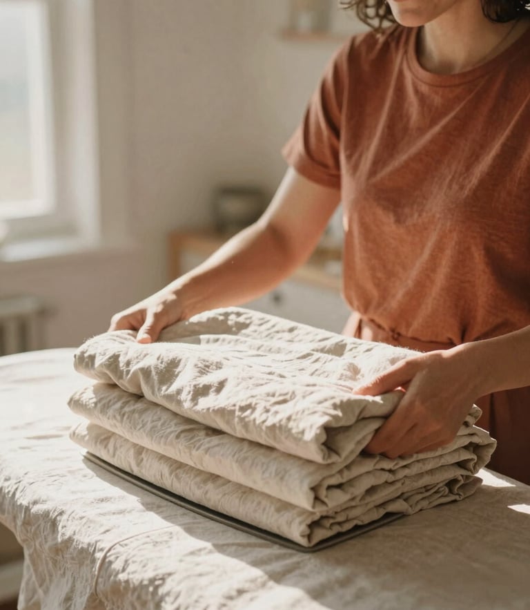 Medium shot of a friendly woman folding freshly ironed linen in a sunlit bedroom, soft natural window light, warm terracotta and beige tones, shallow depth of field, 35mm film look