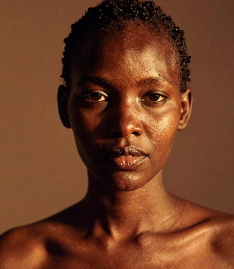 Editorial close-up portrait of a Kenyan woman with warm golden-hour sunlight reflecting on her skin, soft studio background, rich saturated tones, 35mm film grain.
